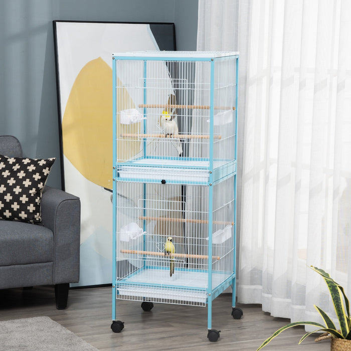 Pawhut 55.1\" 2 In 1 Bird Cage Aviary Parakeet House For Finches, Budgies With Wheels, Slide-out Tray