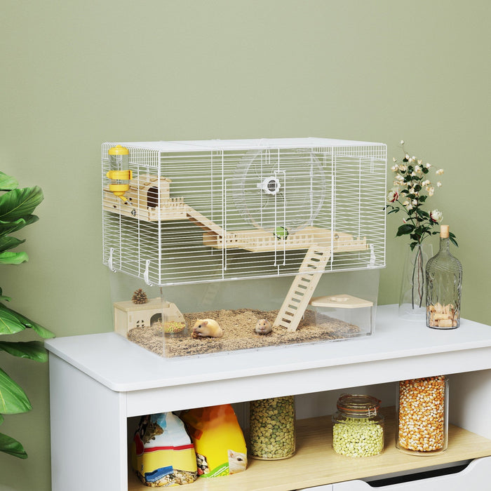 Pawhut Hamster Cage, Transparent Small Animal House With Deep Bottom, Wooden Ramp, Hut, Bathroom And Exercise Wheel For Hamster And Gerbil, 23.2" L X 14" W X 18.5" H, Two Huts