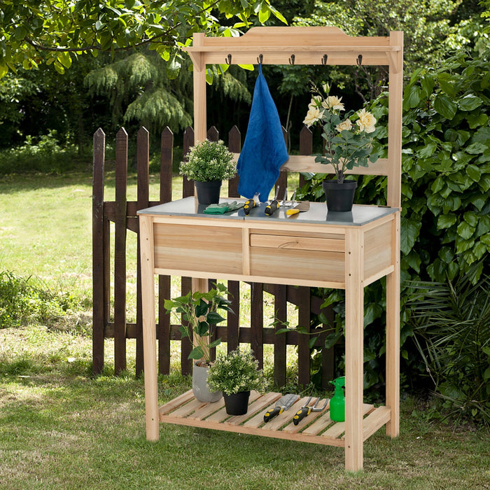 Costway Outdoor Garden Potting Bench Table Wooden Work Station W/metal Top Open Shelf