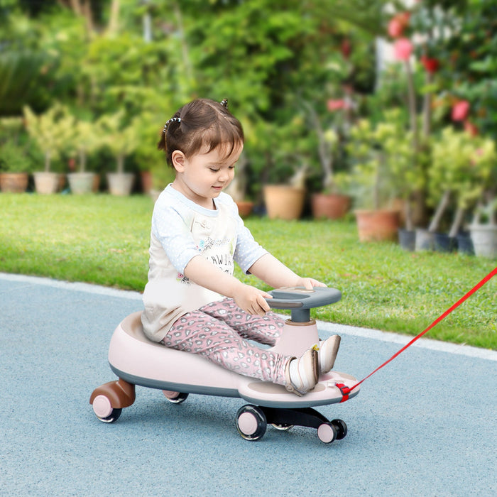 Qaba Wiggle Car For Toddlers 2-6 Years, Kids Swing Car W/ Parent Traction Rope, Music, Light, Ride O