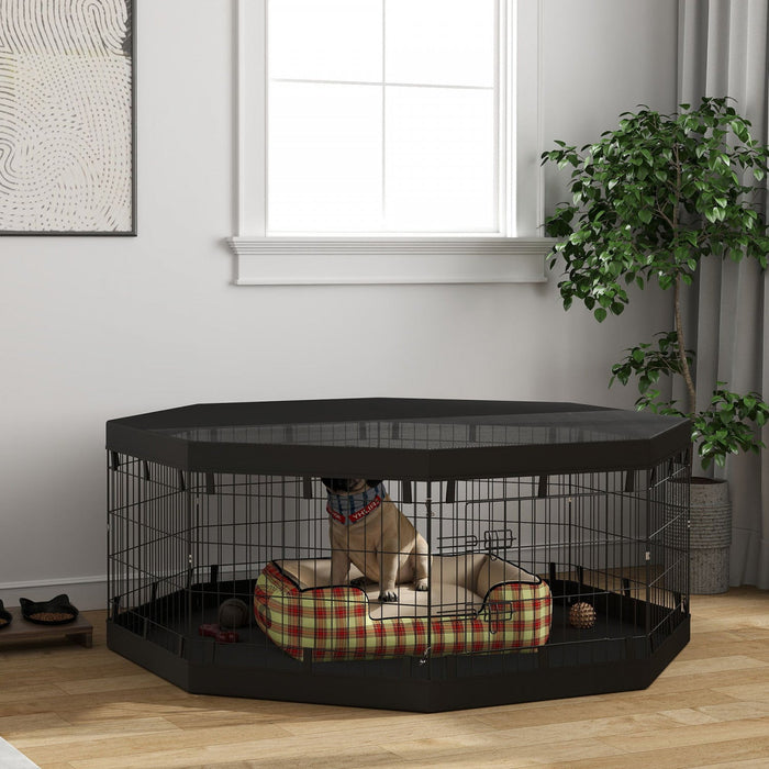 Pawhut Dog Playpen, 8 Panels Foldable Dog Pen With Waterproof Bottom Pad, Sunproof Top Cover, 24\"h D