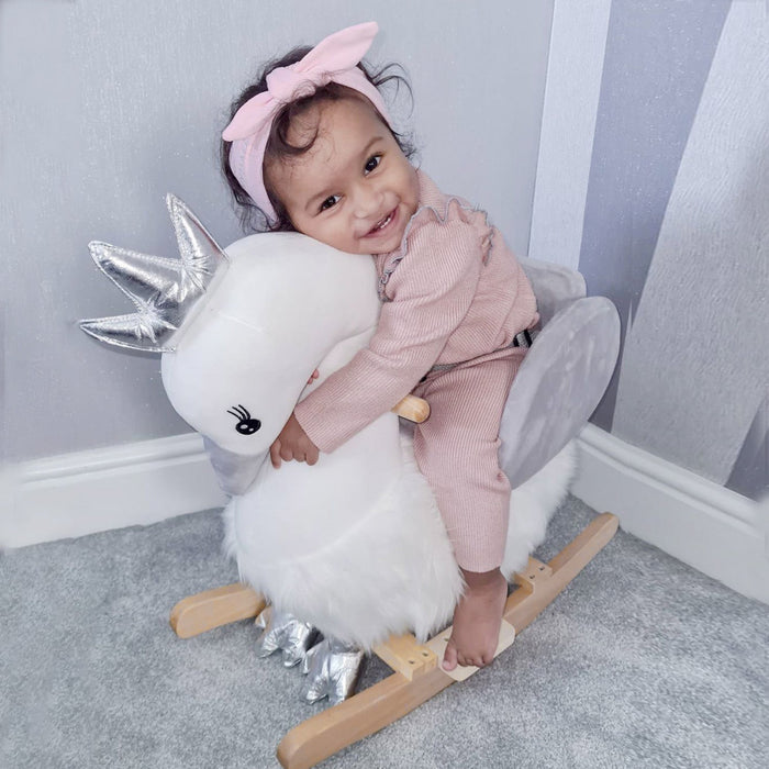 Qaba Kids Wooden Rocking Horse Swan Baby Rocking Chair Plush Ride On Swan With Sounds, Wooden Base F