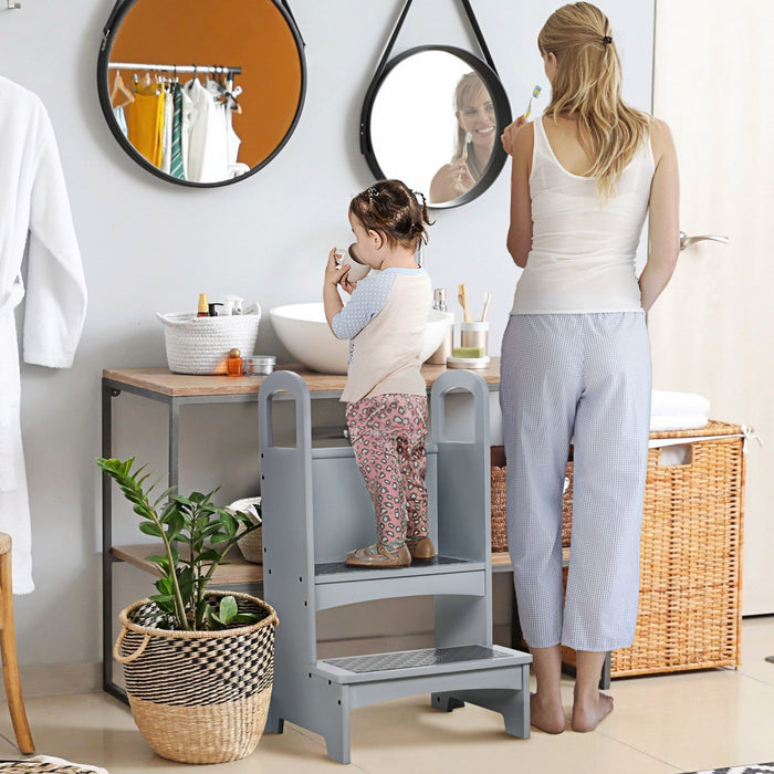 Qaba 2 Step Stool Kids Kitchen Helper With Support Handles And Non-slip Pad For Kitchen, Living Room