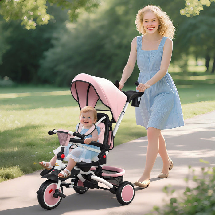 Qaba Toddler Tricycle, 6 In 1 Foldable Kids Trike With Adjustable Push Handle, Removable Canopy, Rotatable Seat, Safety Harness, Detachable Guardrail, For 1-5 Years Old, Pink