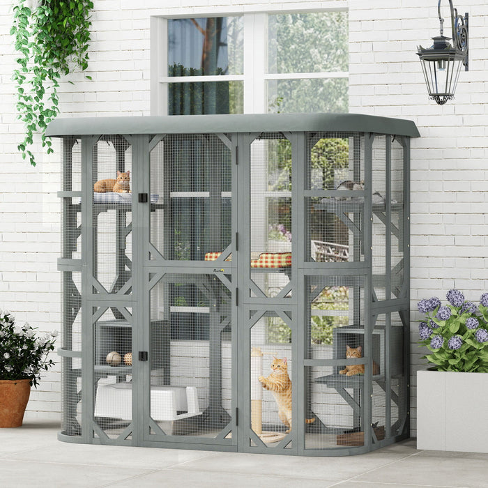 PawHut Catio Outdoor Cat Enclosure, 71"H Wooden Cat House with 5 Jumping Platforms, 2 Condos and Waterproof Cover, Walk-in Kitty Cage for 2–3 Kittens, Grey