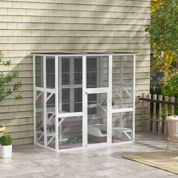 Pawhut Large Outdoor Catio Enclosure, Weatherproof Cat House With Asphalt Roof, Wooden Cat Patio Cag