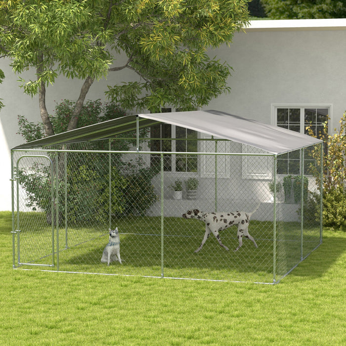 Pawhut Dog Kennel Outdoor Run Fence With Roof, Steel Lock, Mesh Sidewalls For Backyard & Patio, 13.1