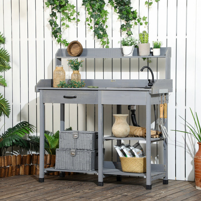 Outsunny Potting Bench Table, Garden Work Bench Workstation with Drawer