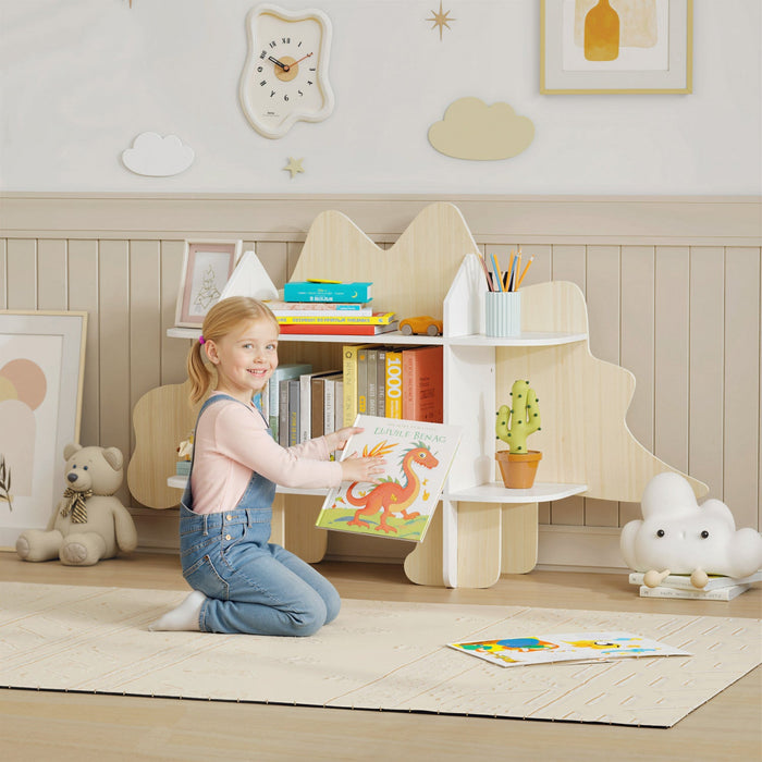 Qaba Kids Bookshelf and Toy Storage, 2 Tier Toddler Bookshelf, Kids Bookcase for Nursery, Dinosaur Design Toy Organizer for Playroom, Bedroom, Living Room, Kids Room, Natural