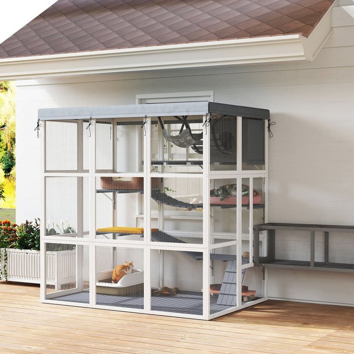 Pawhut Catio Outdoor Cat Enclosure, 71" Large Wooden Cat House W/ Weatherproof Tarp, Walk-in Kitty Cage With Hammock, Condo, Platforms, Ladders, Ramps, For 2-4 Kittens, Grey
