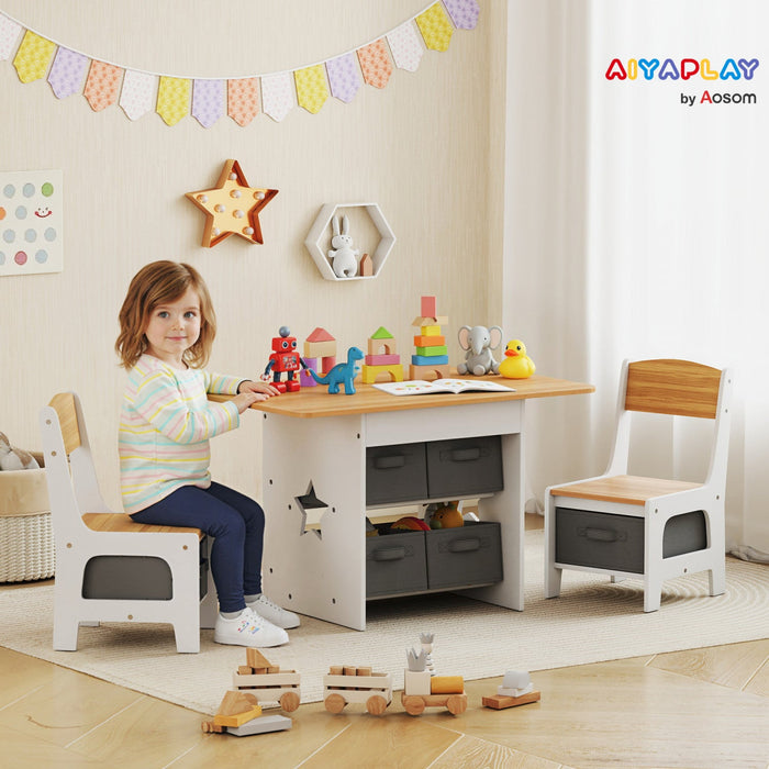 Qaba 3 Piece Kids Table and Chair Set, Toddler Table and Chairs Set with 6 Removable Drawers, for Ages 3-8, for Classroom, Living Room, Bedroom, Nursery, Playroom, Natural