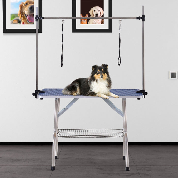Pawhut Adjustable Dog Grooming Table Rubber Top 2 Safety Slings Mesh Storage Basket Heavy Metal Blue