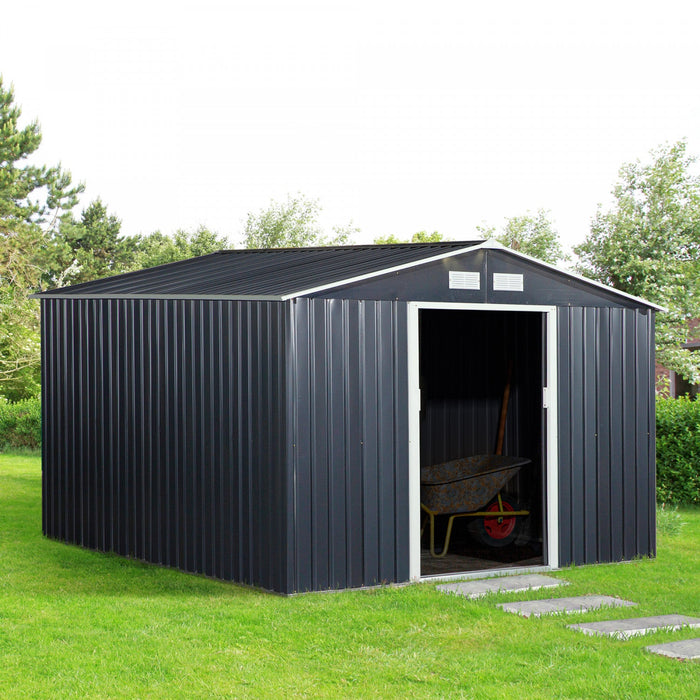 Outsunny 9' X 11' Metal Storage Shed With Floor Foundation, Garden Tool House With Double Sliding Do