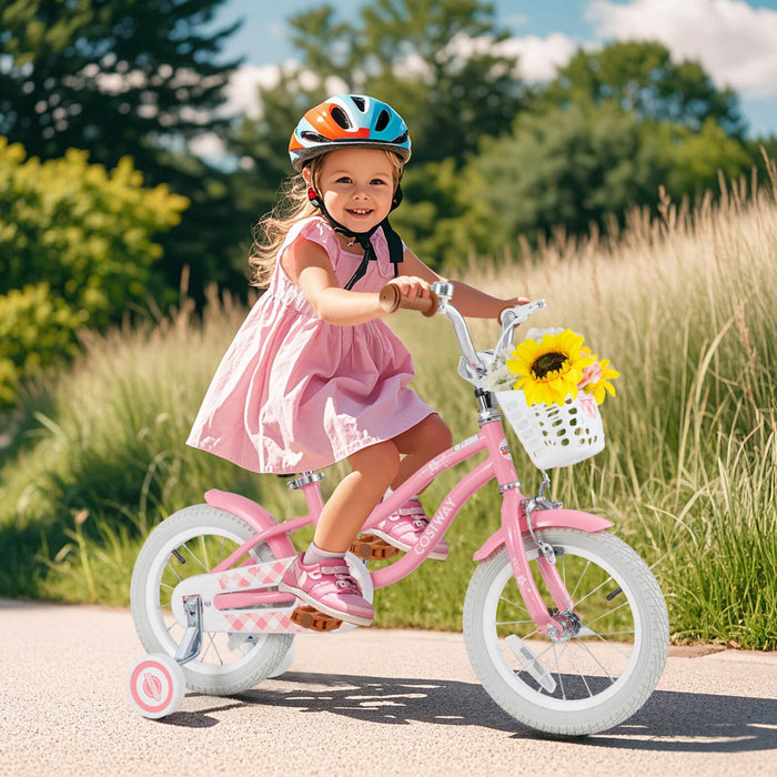 Costway 14" Kid's Bike With Removable Training Wheels & Basket For 3-5 Years Old Pink