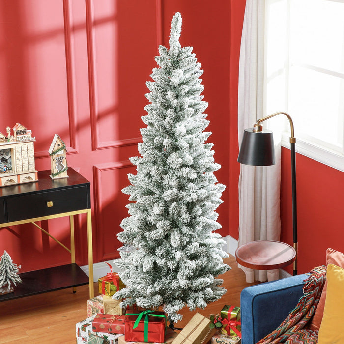 Homcom 6ft Flocked Pencil Artificial Christmas Tree With Steel Base, Green