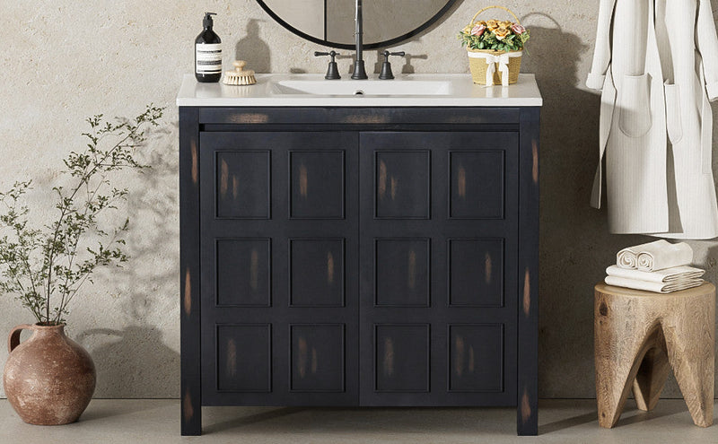 Laura 36\" Solid Wood Bathroom Vanity With Ceramic Sink,espresso Accent Cabinet 