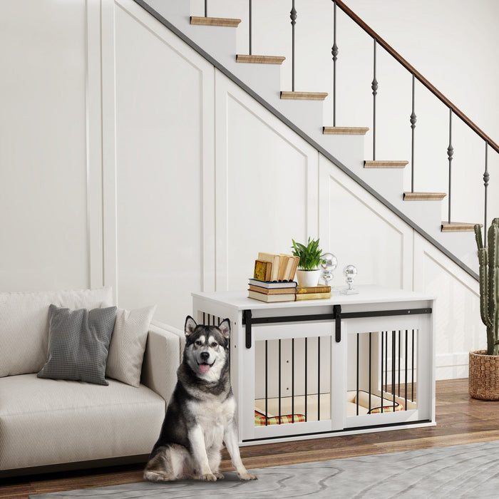Pawhut Dog Crate Furniture, 39" Dog Crate End Table Indoor Dog House For Large Dogs, With Sliding Door, Lock, White
