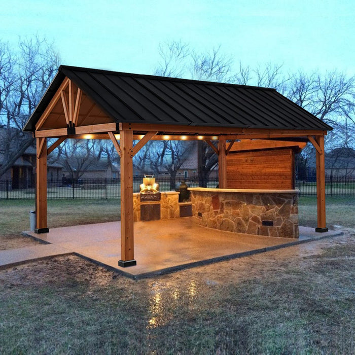 Outsunny 11' X 13' Wooden Gazebo Canopy Outdoor Sun Shade Shelter W/ Steel Roof, Solid Wood, Black &