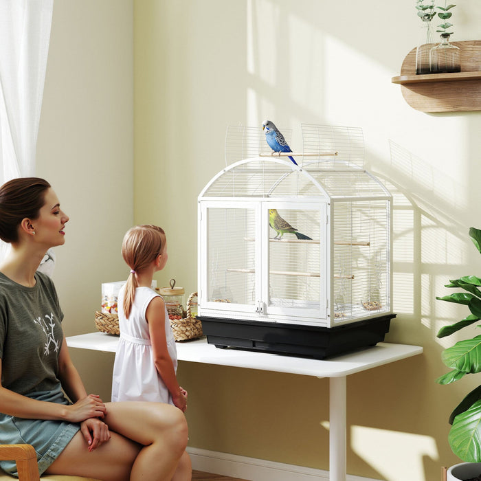 Pawhut 30 Inch Open Top Bird Cage, Steel Parrot Cage With Removable Tray, Food Container For Medium Small Bird, Finches, Cockatiel, Parakeets, Dark Grey