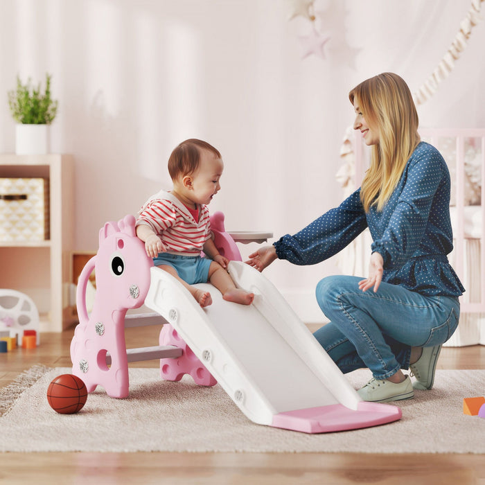 Qaba Toddler Slide, 3 in 1 Kids Slide for Toddler Aged 1-3 with Climber, Basketball Hoop and Ball, Baby Playset with Giraffe Design, for Indoor and Outdoor Play, Pink