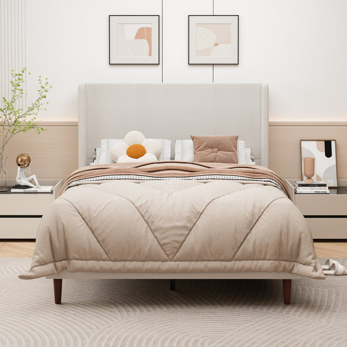 Harper Upholstered Queen Bed Frame with High Headboard, Chenille Fabric - Beige 