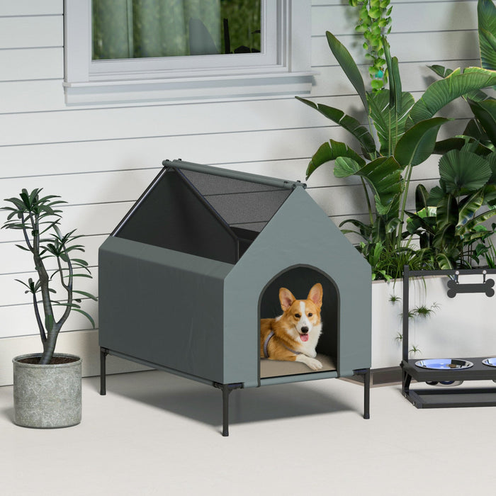 Pawhut Dog House Outdoor, Elevated Dog House Dog Bed With Removable Cover, Mesh Windows, Storage Bag