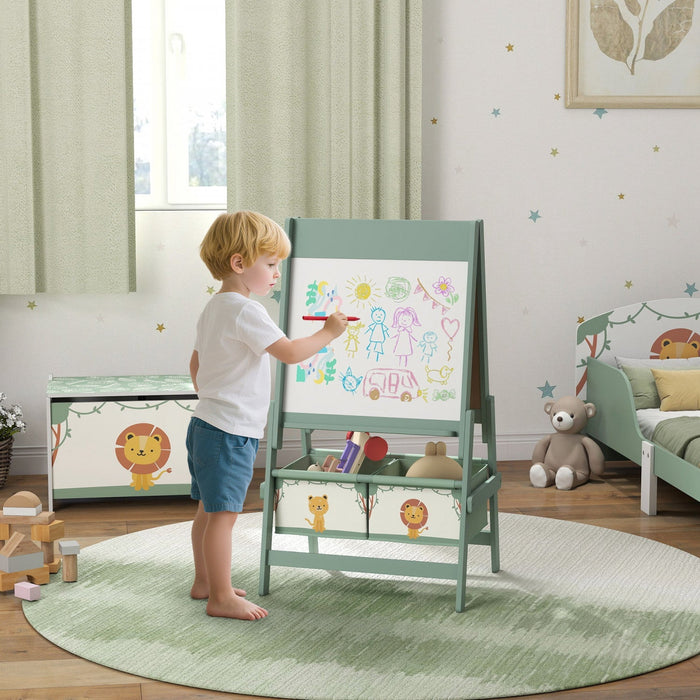 Qaba Art Easel For Kids, 3-in-1 Double-sided Kids Easel With Paper Roll, Whiteboard & Chalkboard, 2 Storage Boxes, Gift For Boys, Girls Ages 3-8, Green