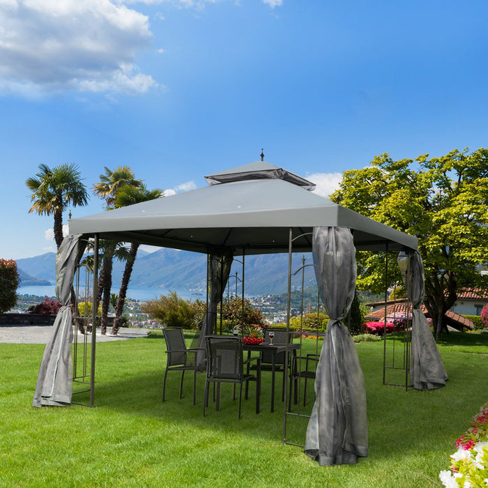 Outsunny 10' X 10' Steel Outdoor Patio Gazebo Canopy With Removable Mesh Curtains, Display Shelves, 