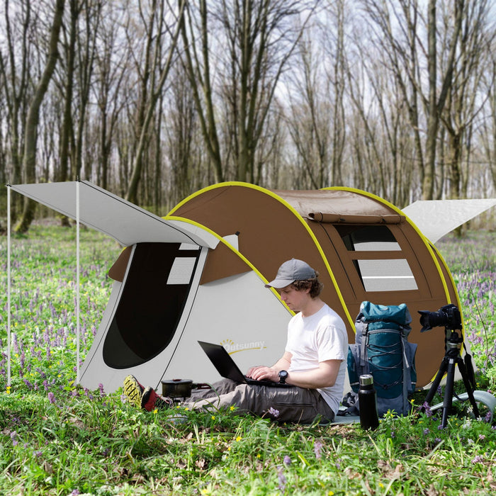 Outsunny Pop Up Camping Tent With 2 Porch, 3000mm Waterproof, Brown