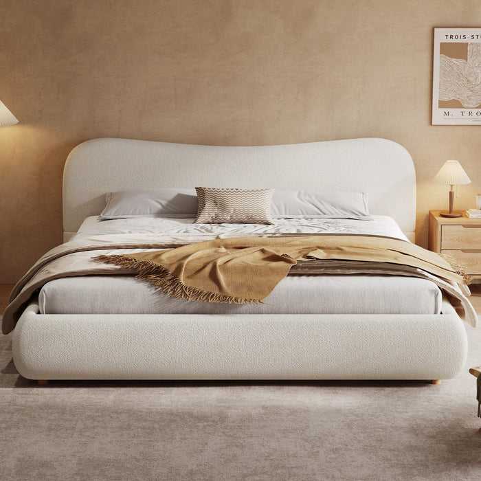 Camille Platform Bed with Curved Headboard and Luxurious Boucle Upholstery,King Size,White King Bed  