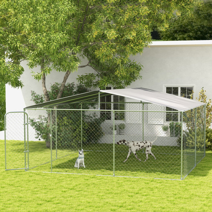 Pawhut Dog Kennel Outdoor Run Fence With Roof, Steel Lock, Mesh Sidewalls For Backyard & Patio, 15.1