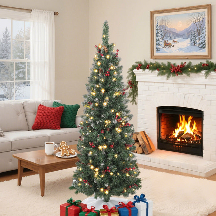 HOMCOM 5 ft Prelit Pencil Christmas Tree with Silver Glitter, Xmas Tree