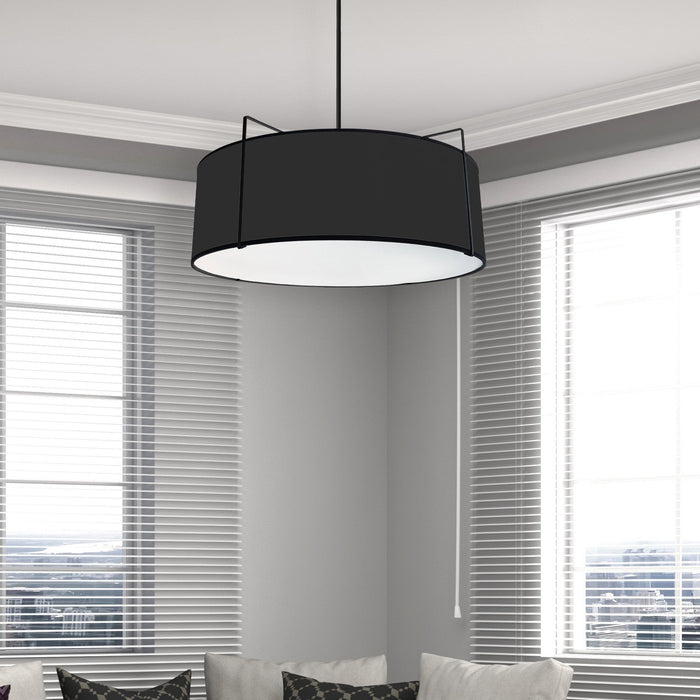 Dainolite Trapezoid 4 Light Pendant Drum Black Shade White Fabric Diffuser Lamp