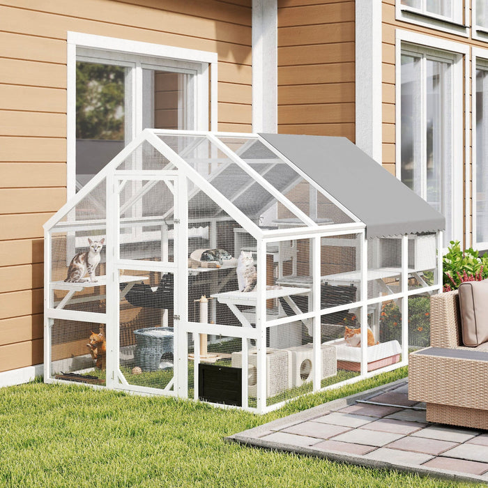 PawHut Extra Large Catio Outdoor Cat Enclosure, 110"L Wooden Feral House with Weatherproof Canopy, Bridges, Resting Boxes, Platforms, Walk in Cat Cage for 3–6 Cats, White