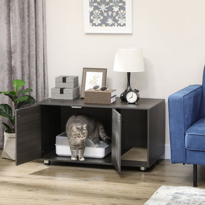 Pawhut Cat Litter Box Enclosure, Industrial Hidden Cat Washroom Furniture, End Table With Double Doo