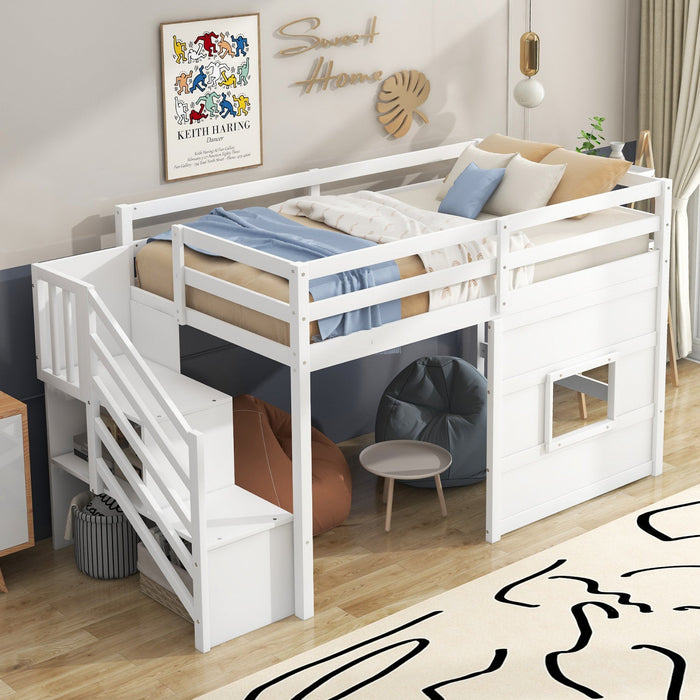 Martin Twin Solid Wood Loft Bed With Storage Stairs, Play Window, Led Light - White 