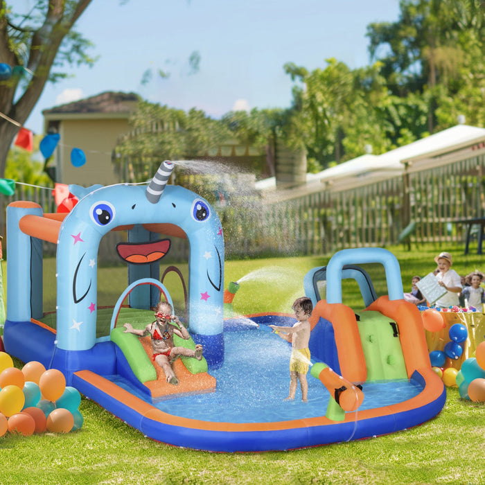 Outsunny 5-in-1 Inflatable Water Slide, Narwhals Style Kids Castle Bounce House Includes With Slide 