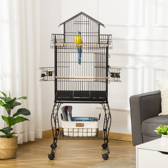 Pawhut 53.9'' Large Rolling Steel Bird Cage Bird House With Detachable Rolling Stand, Storage Shelf,