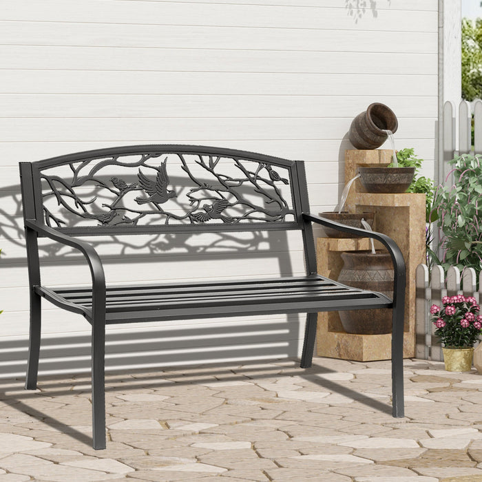 Outsunny 50" Outdoor Metal Garden Bench With Vintage Bird Pattern, Black