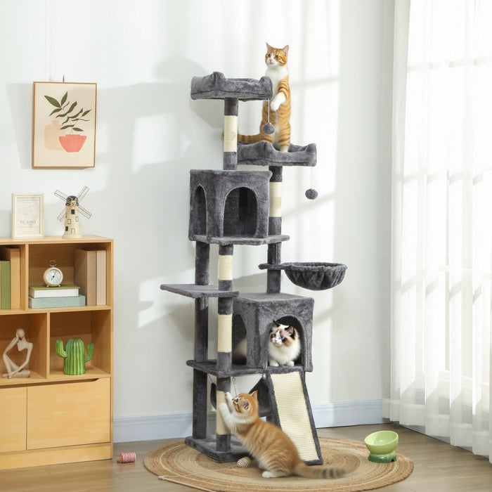 PawHut Cat Tree, 70" Multi-Level Cat Tower for Indoor with 2 Condos, 2 Plush Top Perches, Hammock, Platforms, Toy Balls, Sisal Scratching Posts and Board, Dark Grey