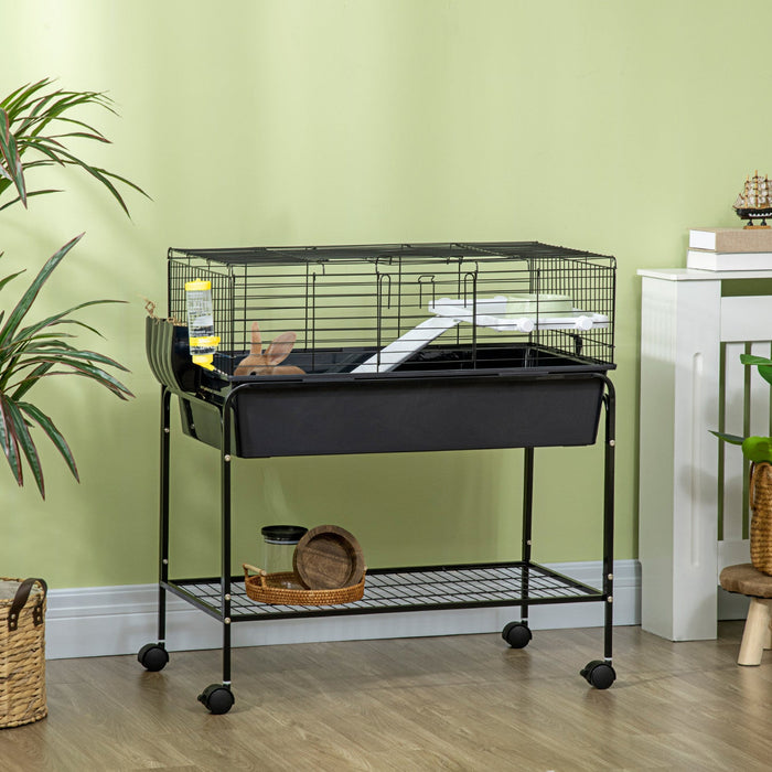 Pawhut Small Animal Cage, 35\" Rolling Guinea Pig Cage With Detachable Stand, Water Bottle, Food Dish