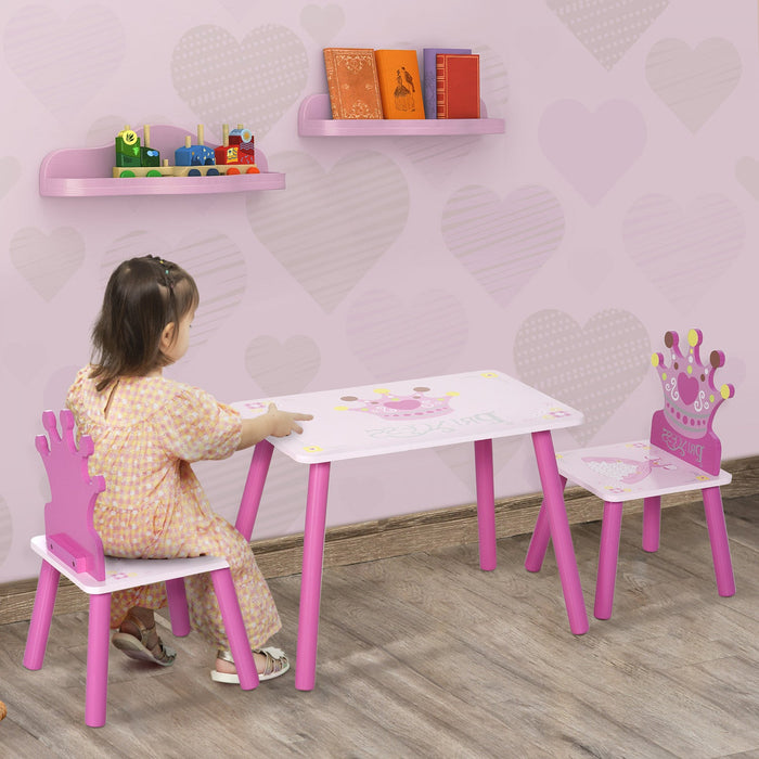 Qaba 3-piece Set Kids Wooden Table Chair With Crown Pattern Easy To Clean Gift For Girls Toddlers Ag