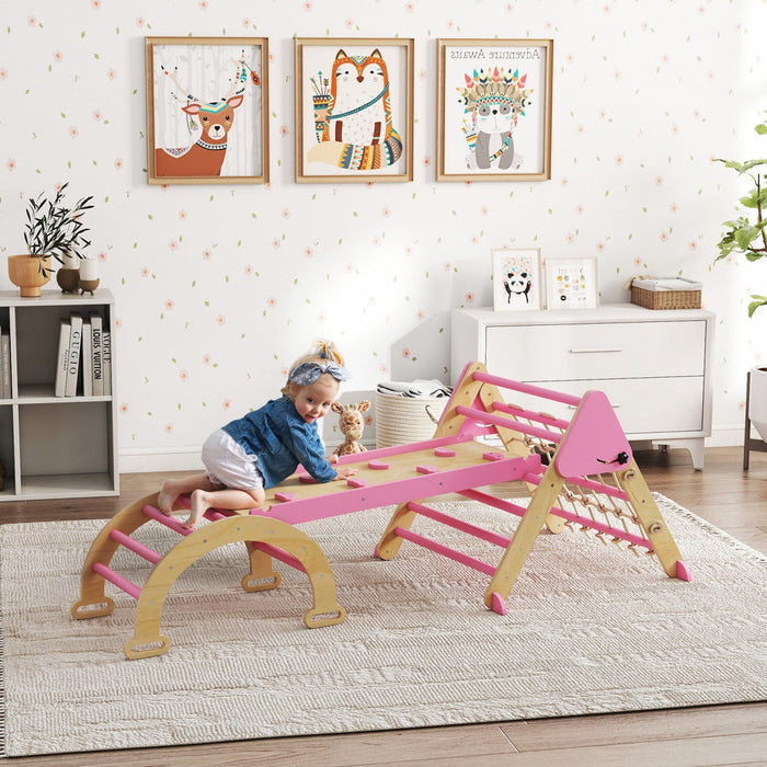 Qaba 8-in-1 Pikler Triangle Set, Foldable Wooden Climbing Toys with Arch, Ramp and Ladder, Montessori Indoor Playground Jungle Gyms for Toddlers Ages 18-48 Mouths, Pink