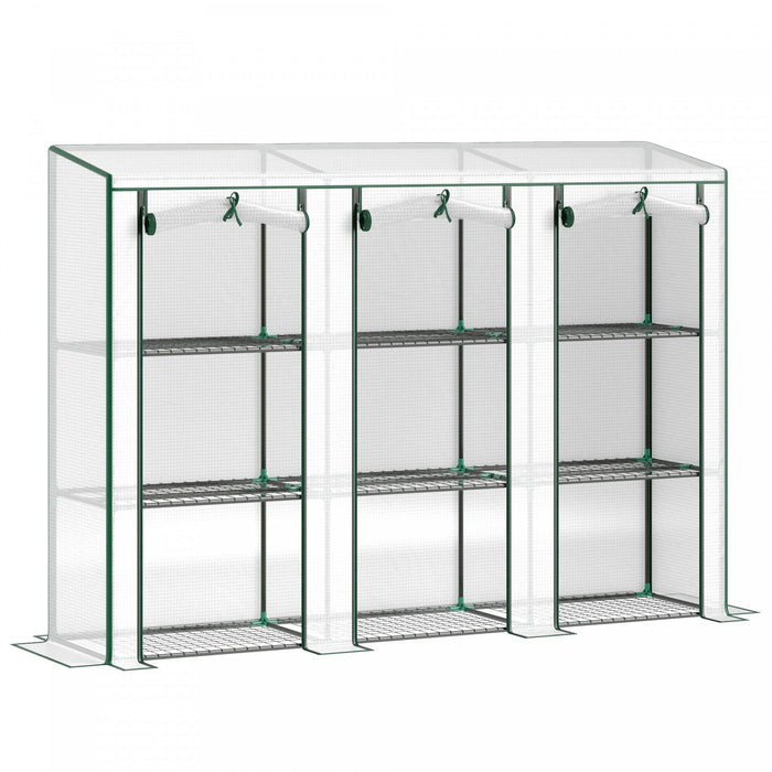 Outsunny Lean-to Mini Greenhouse W/ 3 Tier Shelves, 3 Roll-up Doors, White