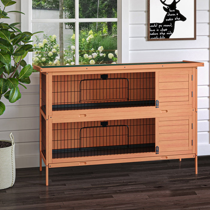 Pawhut 54" 2-story Large Rabbit Hutch Bunny Cage Wooden Pet House Small Animal Habitat With Lockable Doors, No Leak Tray And Waterproof Roof For Rabbits, Chickens, Ducks, Outdoor/indoor Natural