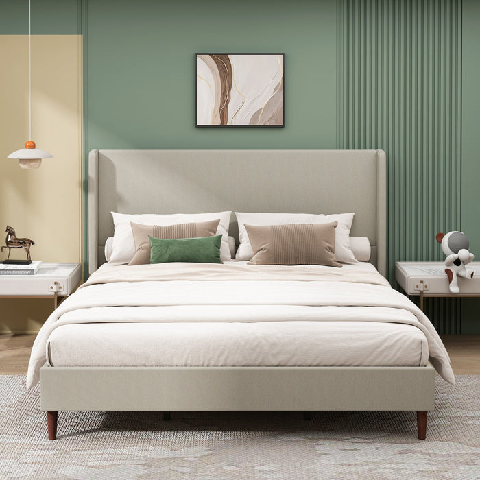 Harper Upholstered King Bed Frame with High Headboard, Linen Fabric - Beige 