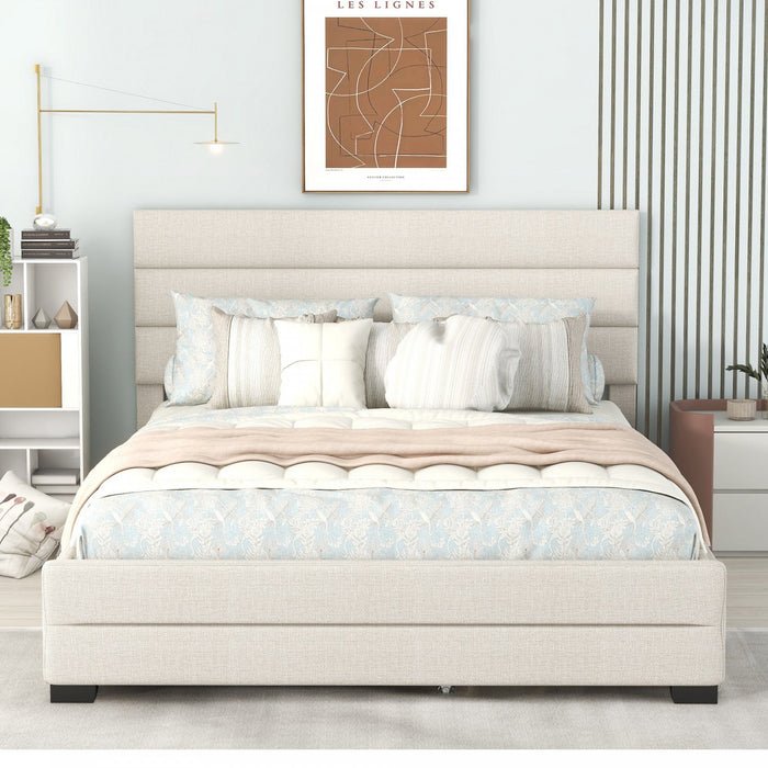 Sophie Linen-look Fabric Upholstered Platform Bed With Trundle And Storage Drawers, Queen Size - Beige 