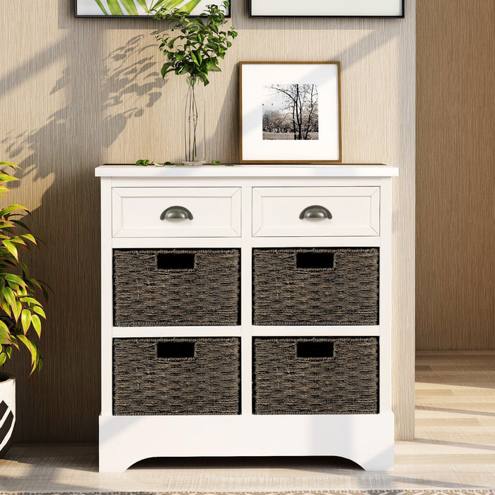 Tobey Solid Wood Storage Cabinet With 2 Drawers And 4 Rattan Baskets,white Accent Cabinet 