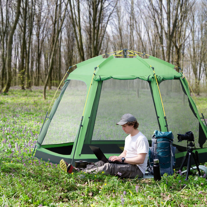 Outsunny 6 People Pop Up Design Camping Tent, 2-tier Fabric Backpacking Tent With 4 Windows 2 Doors 