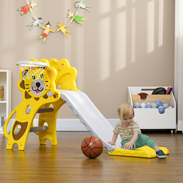Qaba 2 In 1 Toddler Slide For Indoor, Easy Set Up Kids Slide Playset With Basketball Hoop For 18-36 
